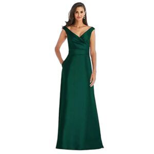 Alfred Sung D811S Sz 10 Off-the-Shoulder Draped Wrap Satin Maxi Dress Green